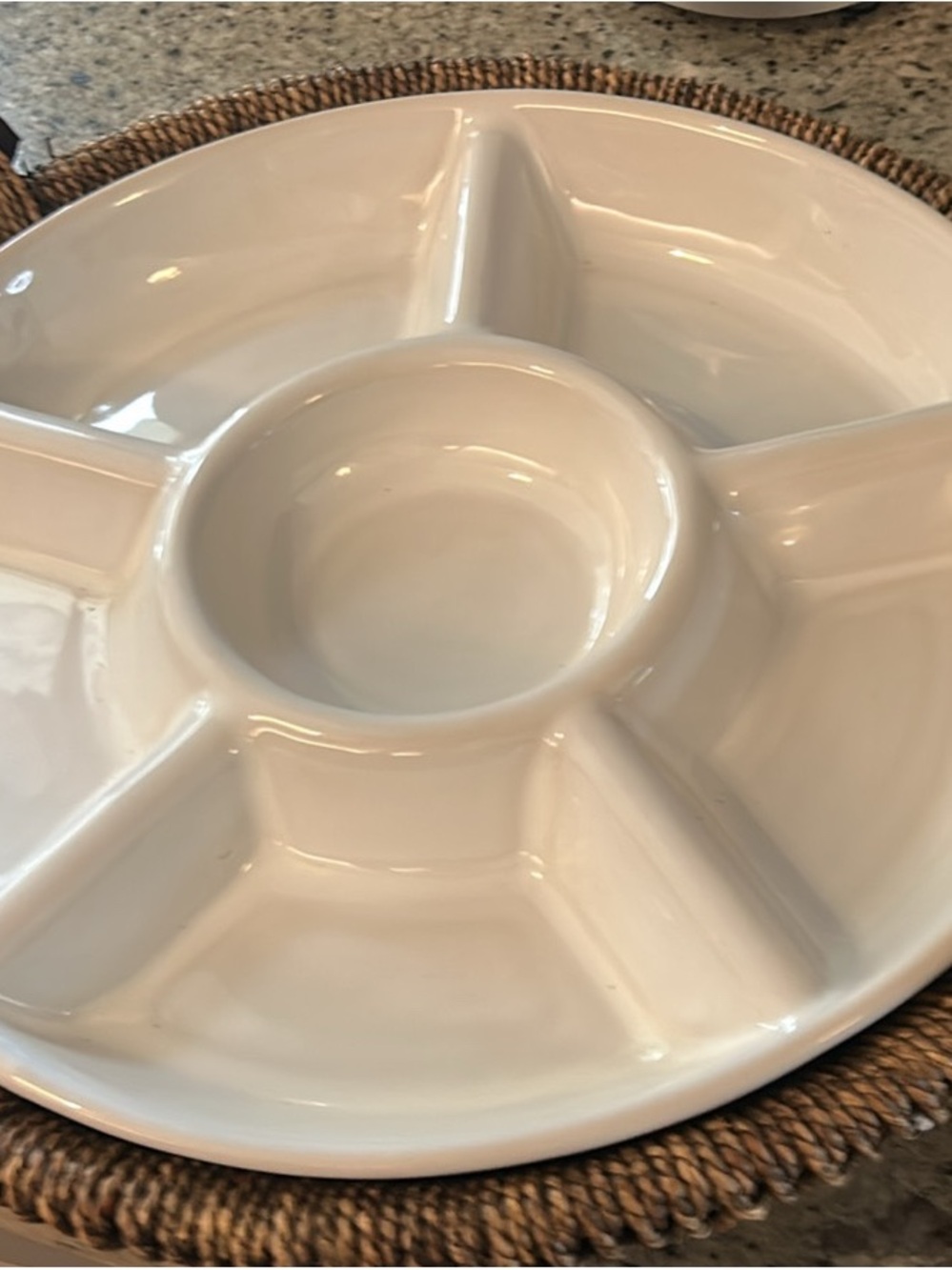 White Ceramic Divided Serving Platter 14” Handwoven Tray Wood Handles 6 Section